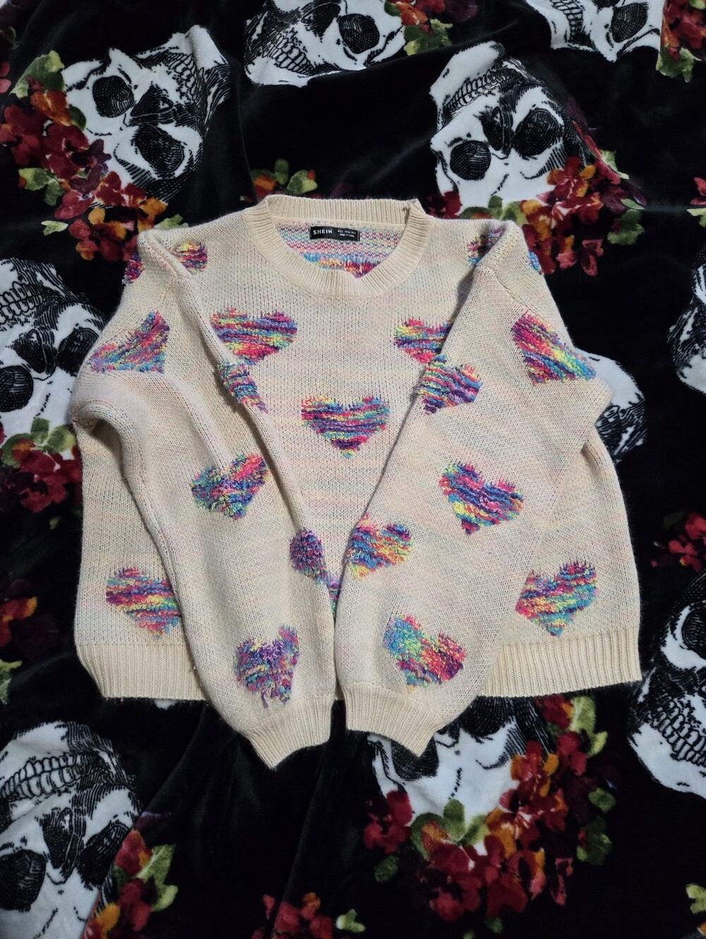 SHEIN Cream Crewneck Sweater with Rainbow Heart Motifs
